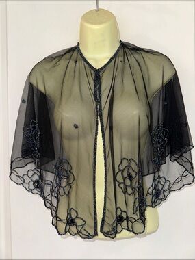 Betsey Johnson Black Floral Sheer Beaded Capelet